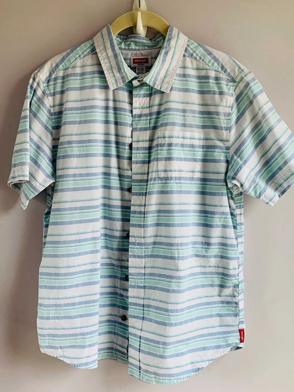 Wrangler Camp Shirt White Aqua Blue Stripe Short Sleeve Casual Summer EUC XL
